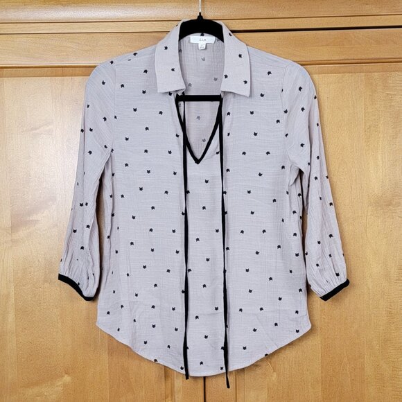 E Hanger M Black and Tan Tie Neck Blouse With All Over Black Kitty Cat Print - S - Picture 4 of 7